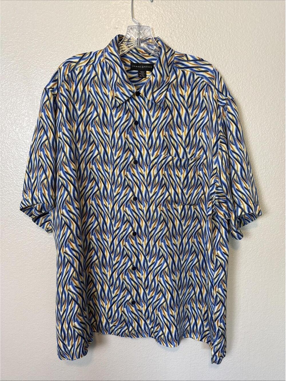 Jhane Barnes Shirt Men's XL Silk Multicolor Geometric Short Sleeve Button Up